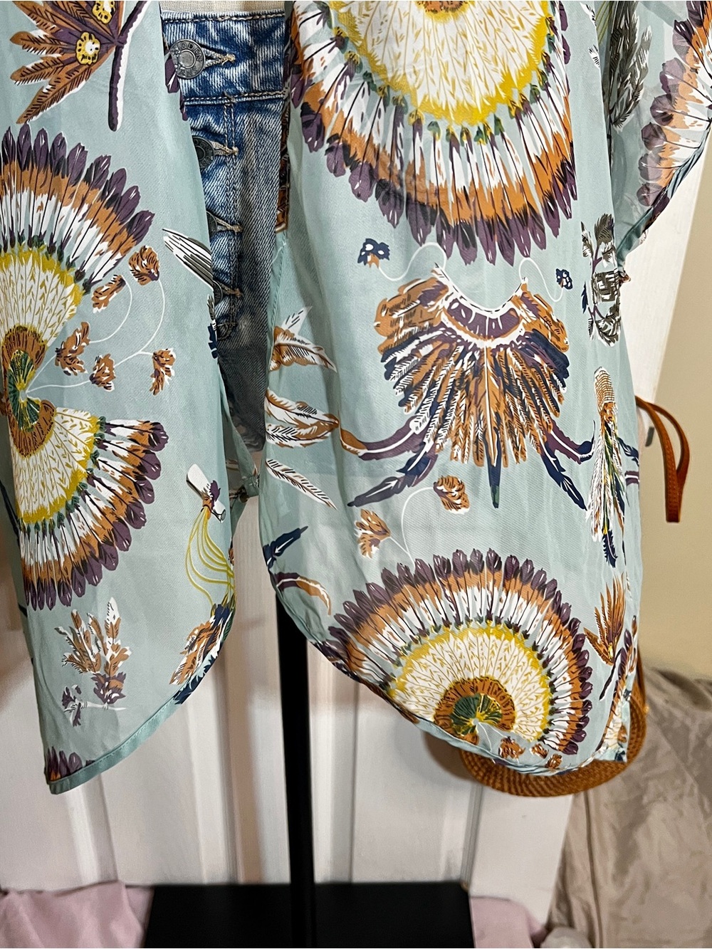 Umgee Wms Teal Feather Print Sheer Crochet Kimono Boho Festival Open Top‎ M/L - Picture 4 of 9